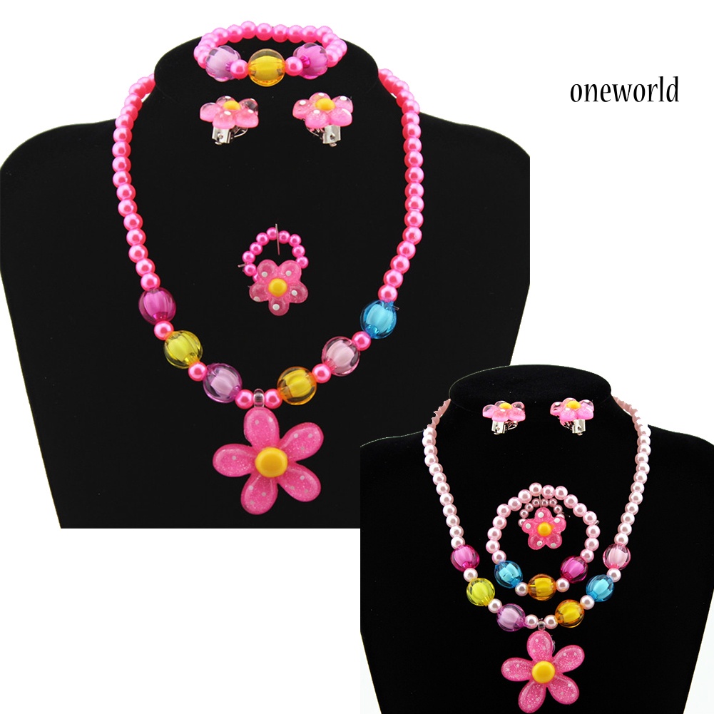 OW@ 5Pcs Handmade Flower Necklace Bracelet Ring Ear Studs Kids Girls Jewelry Set