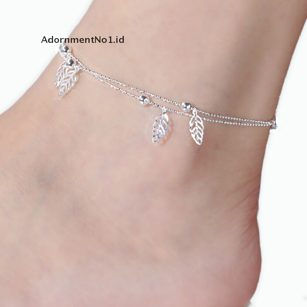 (AdornmentNo1) Gelang Kaki Lapis Silver Motif Daun Aksen Manik-Manik Untuk Perhiasan Wanita (ID)