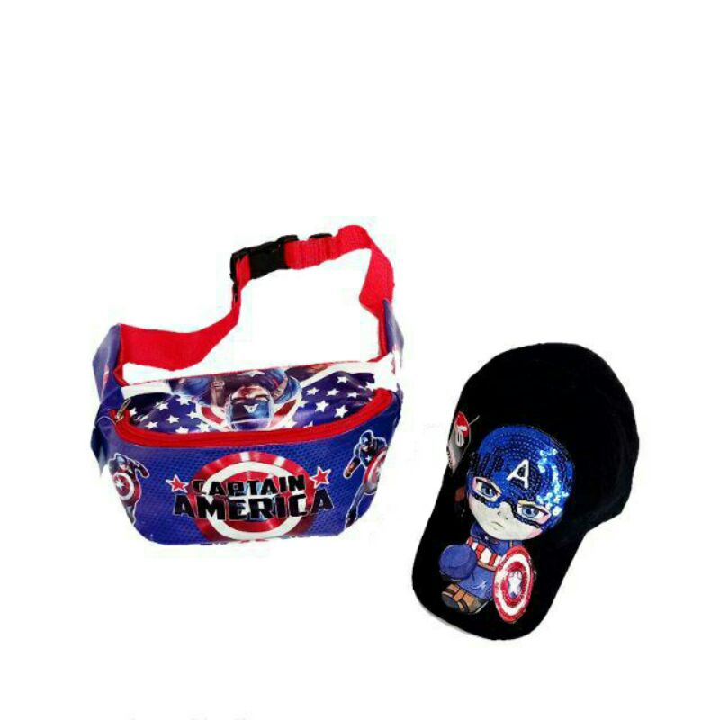 paket tas selempang dan topi LED bisa nyala motif captain america topi anak topi anak waistbag anak laki laki