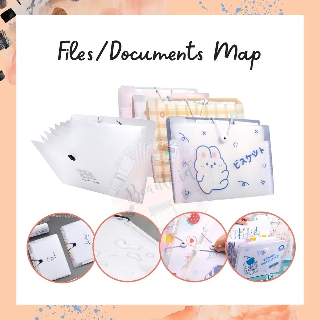 Buku Map Berlapis Penyimpanan File Dokumen A4 Folder Organizer Kertas Model Lucu / Simple Untuk Anak Sekolah Mahasiswa Kuliah Kerja Kantor Bahan Plastik PP Hard Cover Anti Air Waterproof Multi-Layer File Bag Folder Portable