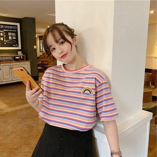  Kaos  T Shirt Longgar Lengan Pendek  Motif Garis Garis 