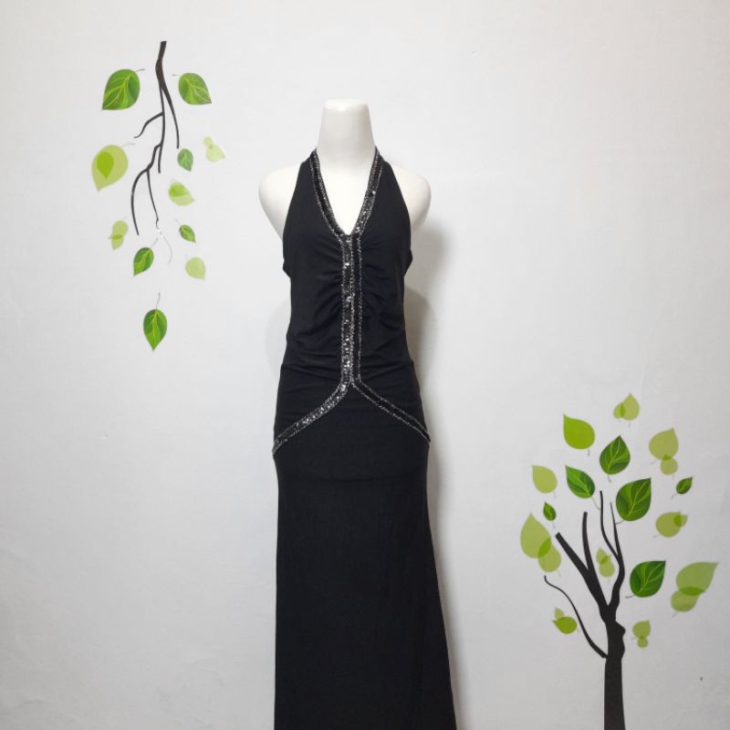 Preloved long dress pesta hitam tali leher