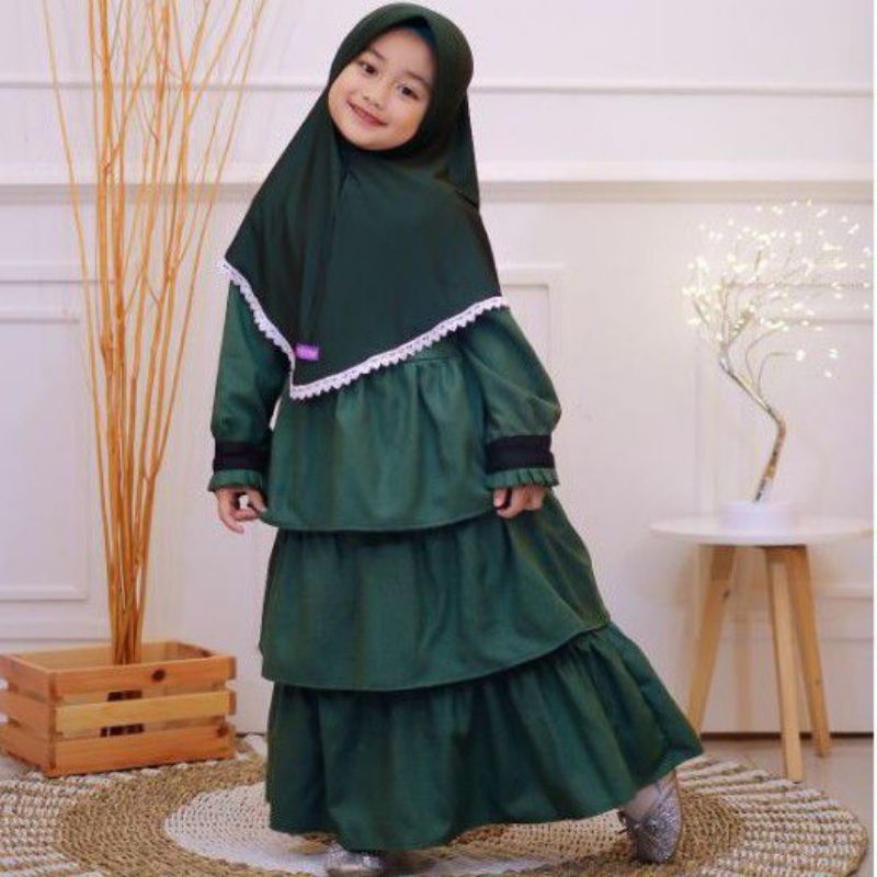 LittleLena Gamis Madina Emerald Anak 2-3 Thn Bahan Katun Madina Gamis Anak Set Hijab