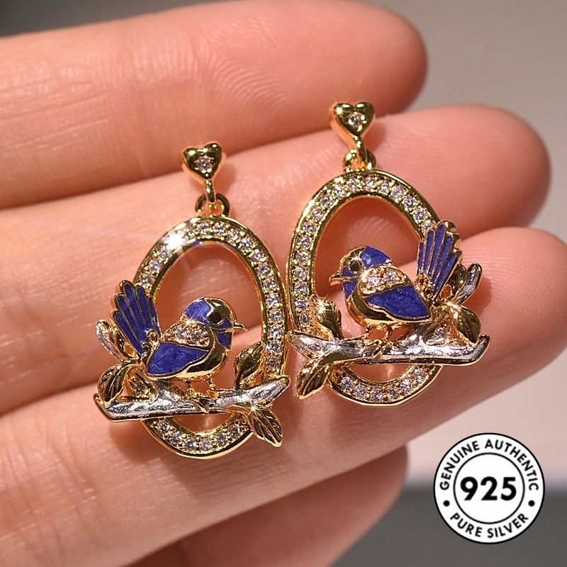 Anting Tusuk Motif Burung Bahan Sterling Silver 925 Warna Emas Untuk Wanita