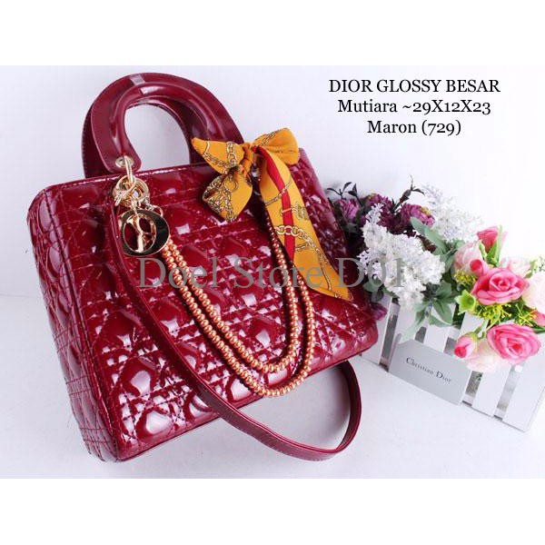 TAS DIOR LADY GLOSSY BESAR MAROON + MUTIARA DARAT + SYAL MJWU