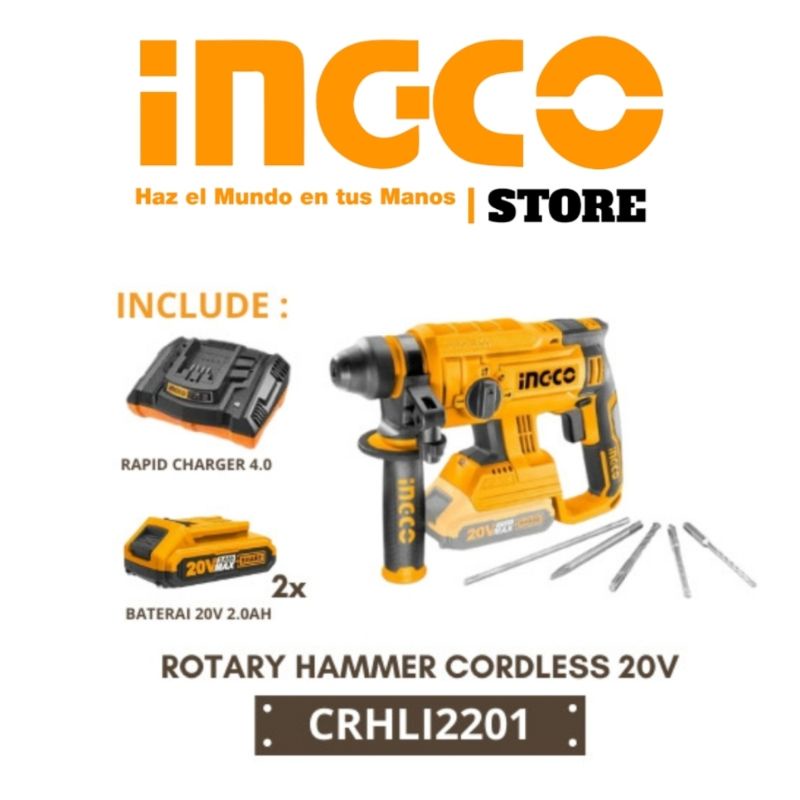 MESIN BOR ROTARY BATERAI CORDLESS 20V BRUSHLESS T-CRHL12201 BONUS 2 SET SARUNG TANGAN INGCO