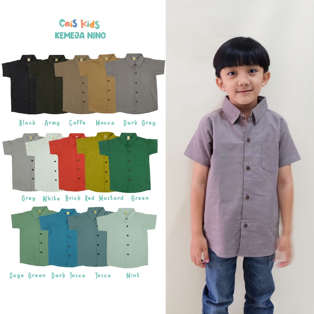 Nino Kemeja Anak Lengan Pendek Polos Bahan Katun Linen L-XL