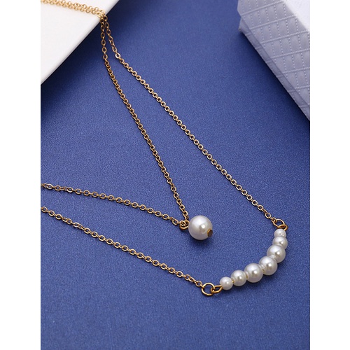 LRC Kalung Fashion Gold Color Pearls Decorated Double Layer Necklace