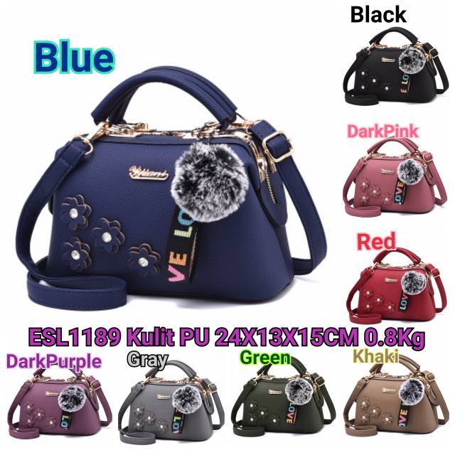 SALE  ESE384 Tas Batam Hand Bag Import Wanita Doctor Bag Flower Bunga Pom Pom Letter Strap