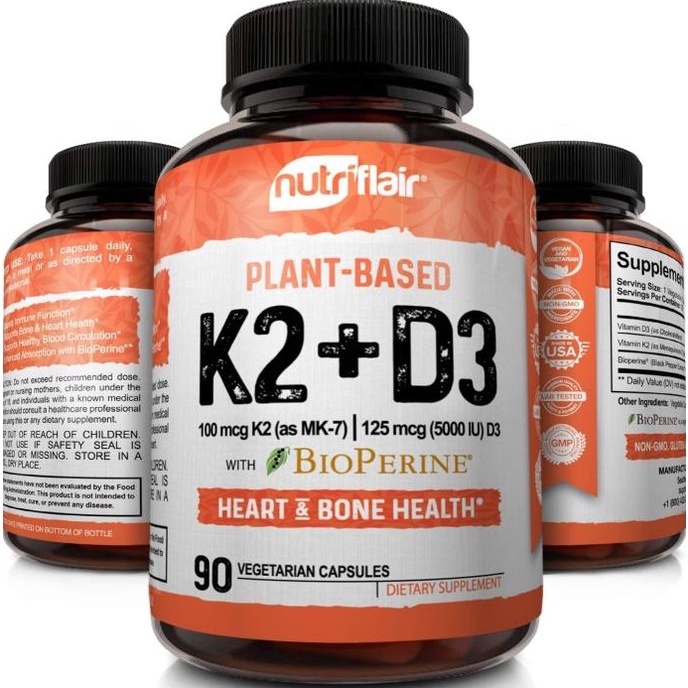 NutriFlair Vitamin K2 (as Mk7) with D3 (5000iu/125mcg) Plus BioPerine Lc