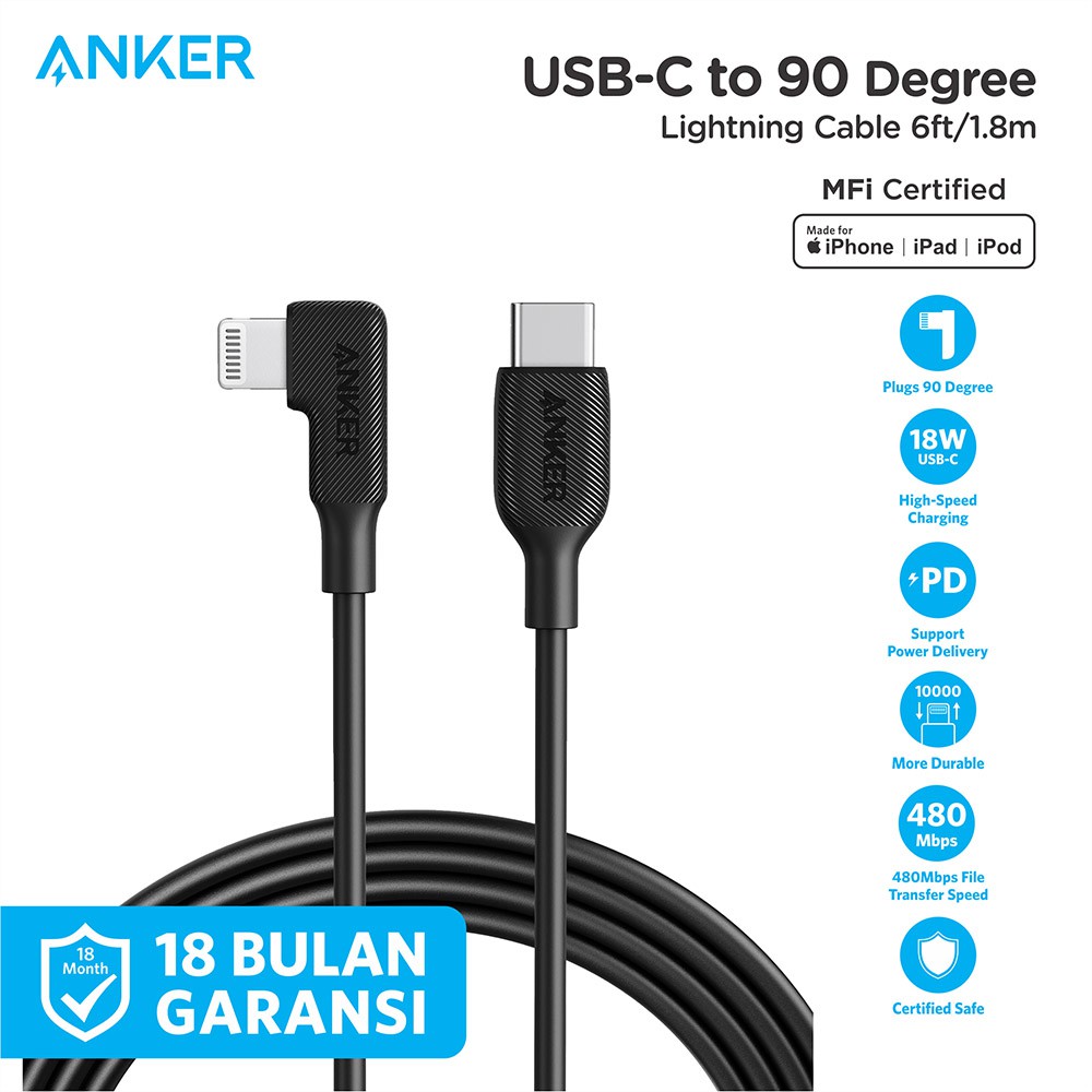 Kabel Charger Anker C to Right Angle Lightning Cable 6ft - Y2370