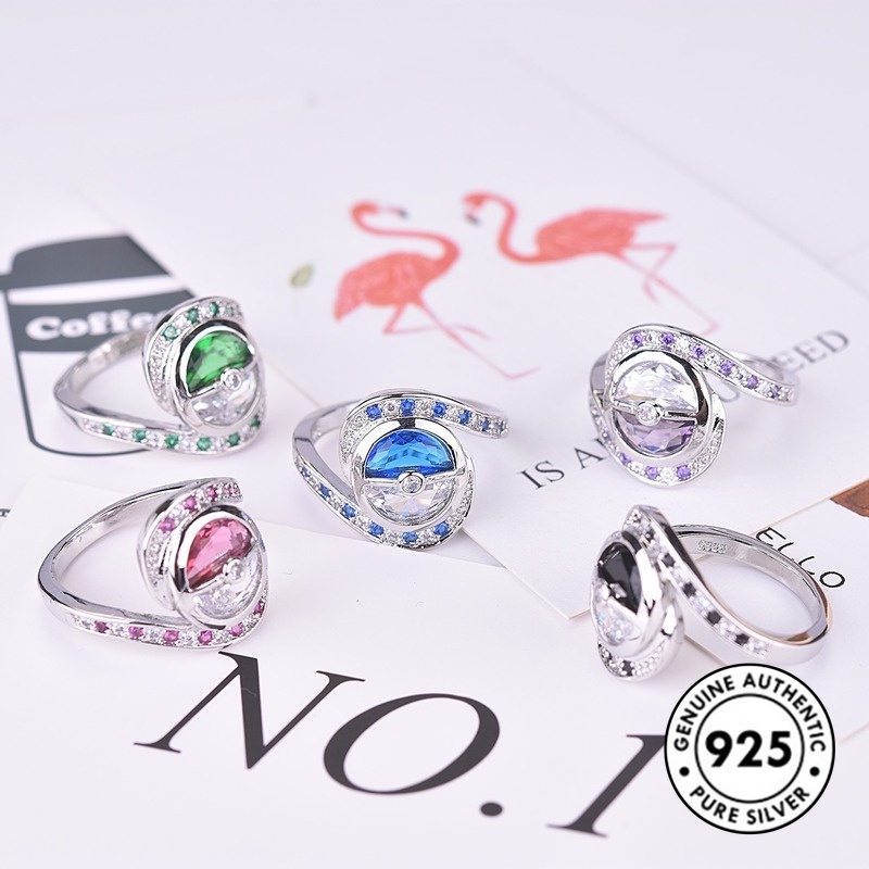 Cincin S925 Silver Bentuk Poke Ball Aksen Berlian