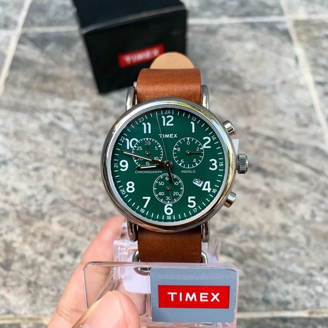 Timex Weekender Chronograph Dark Brown Leather Strap w/ Green Dial Watch TW2P97400 Original