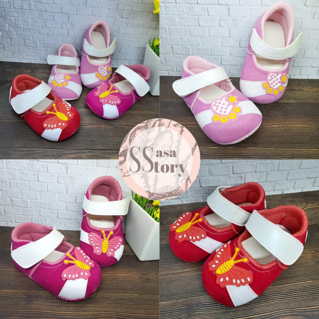 SEPATU PREWALKER BABY BAYI PEREMPUAN 0-12 BULAN BAHAN BLUDRU LOVE BUNGA GP04