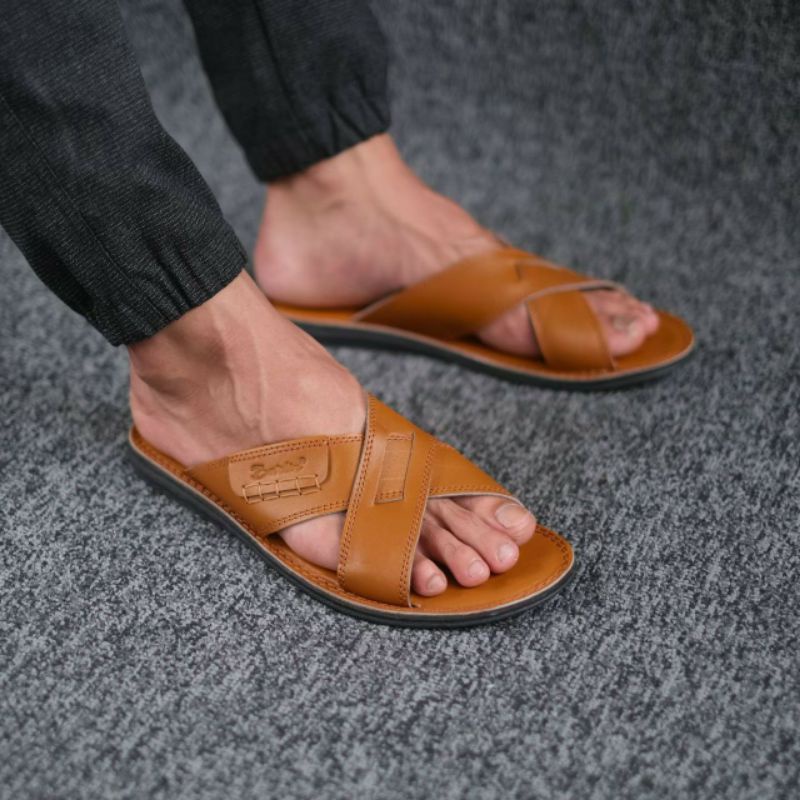 BRLN 002 Tan Sandal Pria Casual Terbaru Sendal Slide Selop Kasual Cowok