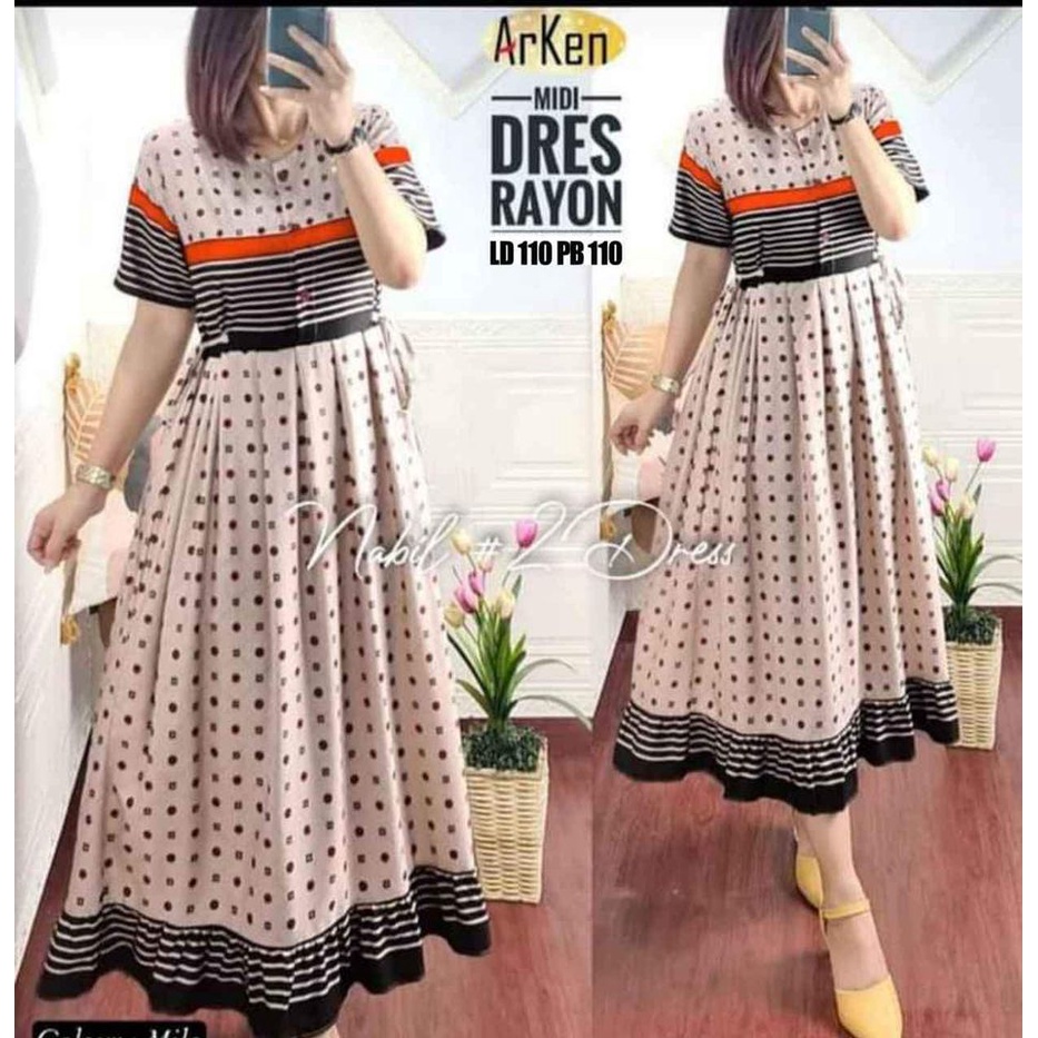 Midi Dress Arken Rayon Premium Langsung Dari Produksi || Dress Arken || Dress Rayon || Warna Merah Biru Hijau Kuning Orange