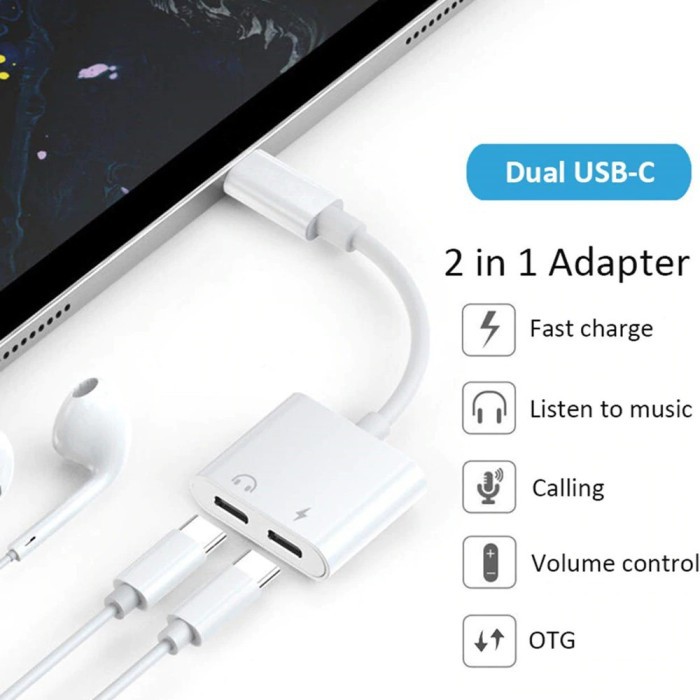 Splitter Kabel JH 032 Type C Audio + Charge Dual Port Jack Adapter Charger Samsung Note 10 S20 A80