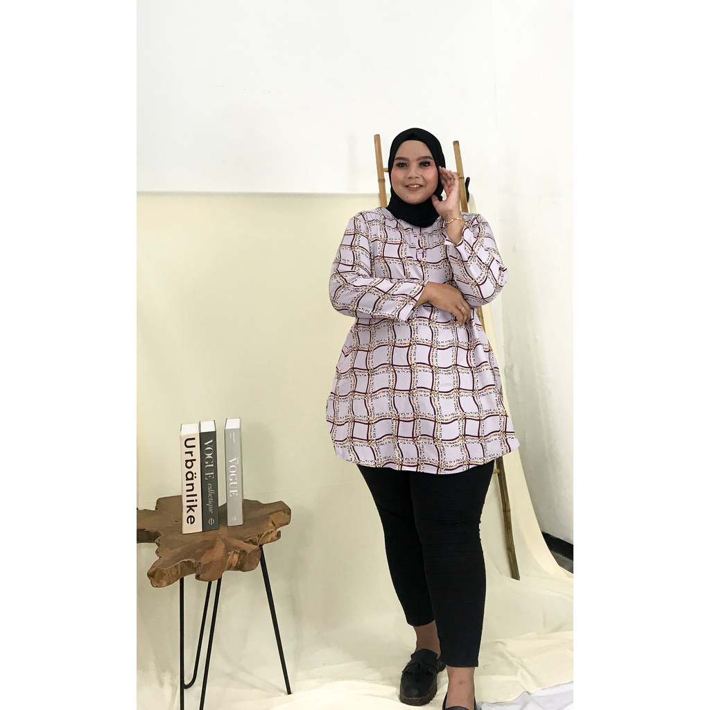 Ezpata Atasan Tunik Jumbo Bigsize Katun Shakila Lengan Panjang Kancing Depan Busui Friendly Motif Kotak LD 122cm Termurah Terbaru