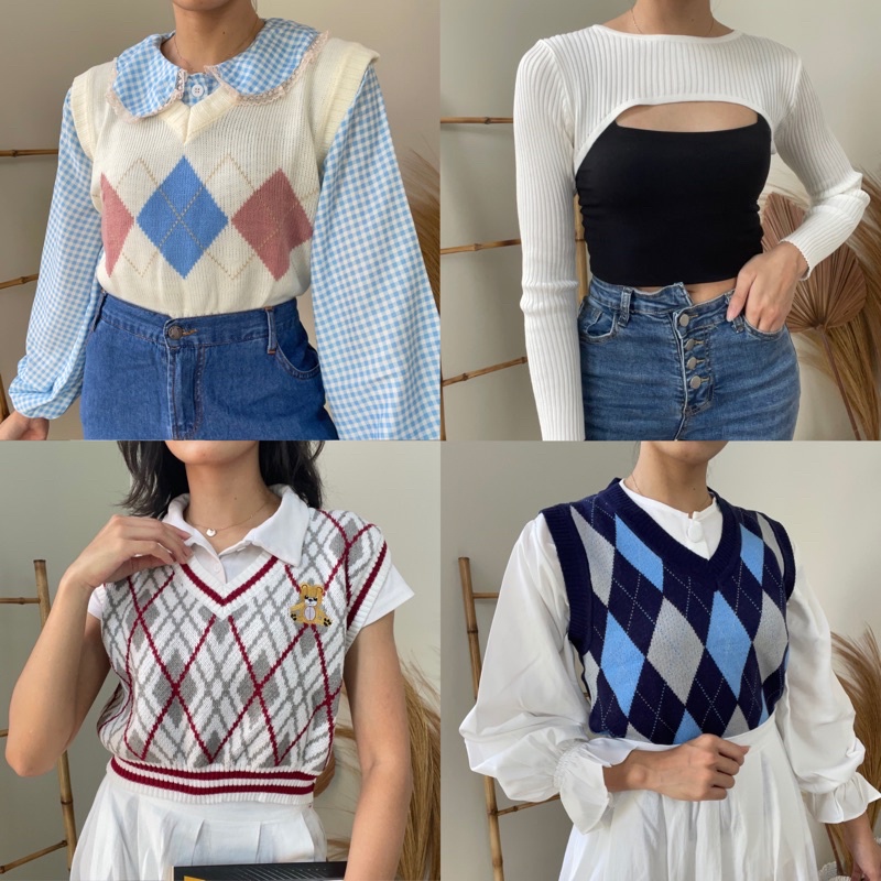 ARGYLE KNIT VEST (Rompi Rajut Korea) basic houndstooth diamond