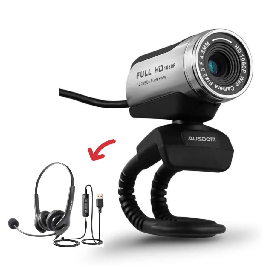 AUSDOM WEBCAM 1080P 12MP + AUSDOM HEADSET USB BUNDLE - AW615 + BS01