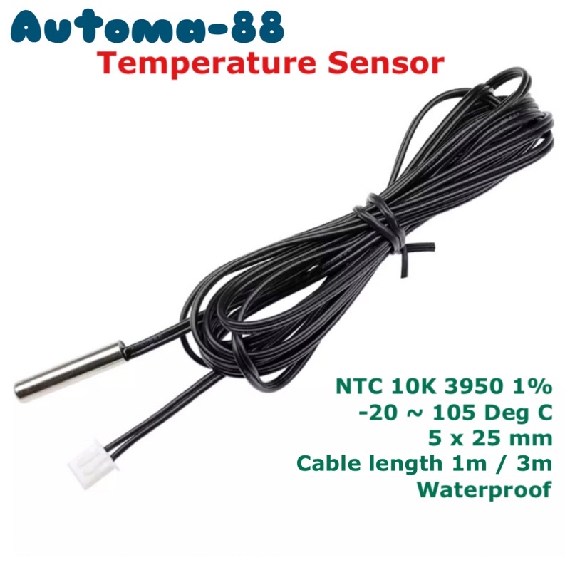 Kabel Temperature sensor probe NTC 10k 3950 5x25mm waterproof panjang 1m 3m Thermistor Thermist