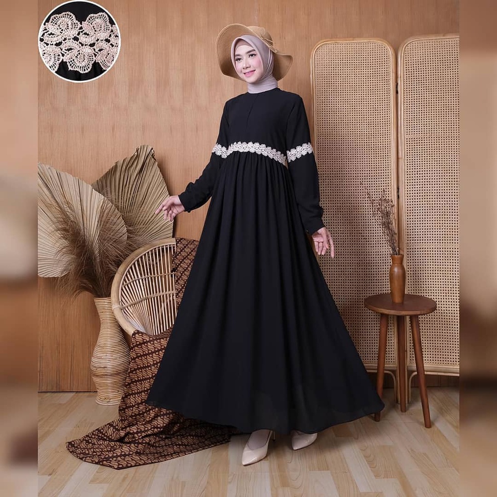 AMANDA DRESS BL Bahan CERUTY BABYDOLL APLIKASI RENDA FULL PURING GAMIS CERUTY TERBARU 2023 LEBARAN WANITA DRESS MAYUNG LEBAR MAXI DRESS LENGAN PANJANG