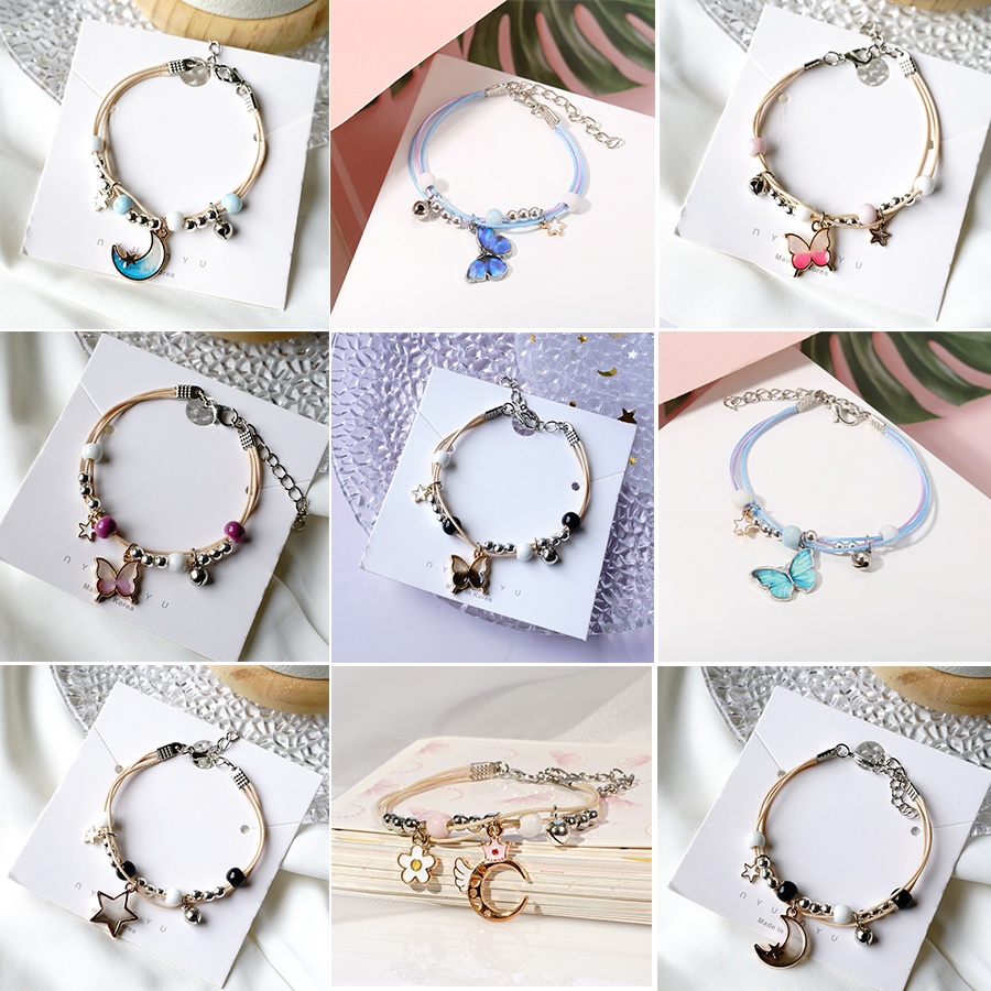Gelang couple Liontin Rantai Banyak Lapis Aksen Kupu Daisy Gaya Korea Untuk Wanita Adjustable Fashion Aksesoris ANTOP