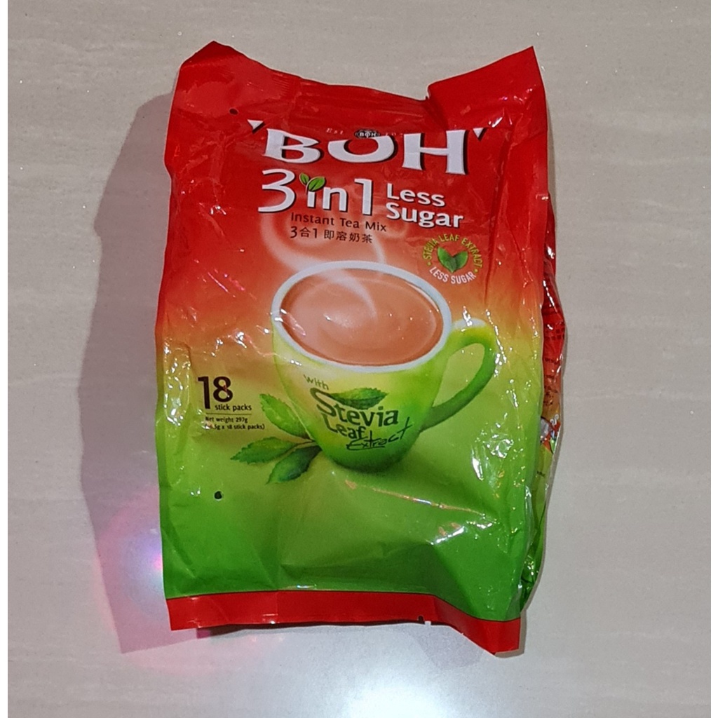 Teh Instan Boh 3in1 Less Sugar Stevia Leaf 18 x 16.5 Gram