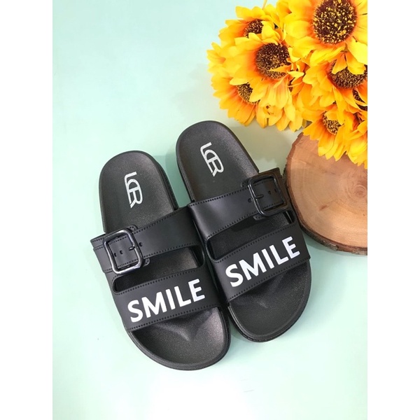 Sandal Slop Ban Dua Gesper Tulisan SMILE Import LCR V501-5-Hitam