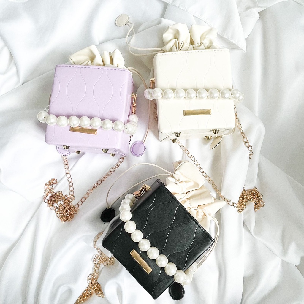 TERMURAH SLINGBAG TALI RANTAI MUTIARA / TAS SELEMPANG BOX MUTIARA TERSEDIA 3 WARNA CUTE BISA COD