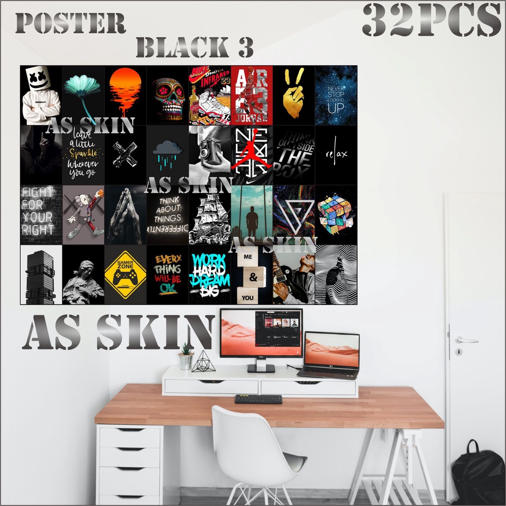 Poster Dinding Kamar Black 3 isi 32pcs 16pcs 8pcs Dekorasi Kamar Aesthetic Kamar Cowok Cewek Gaul Ke