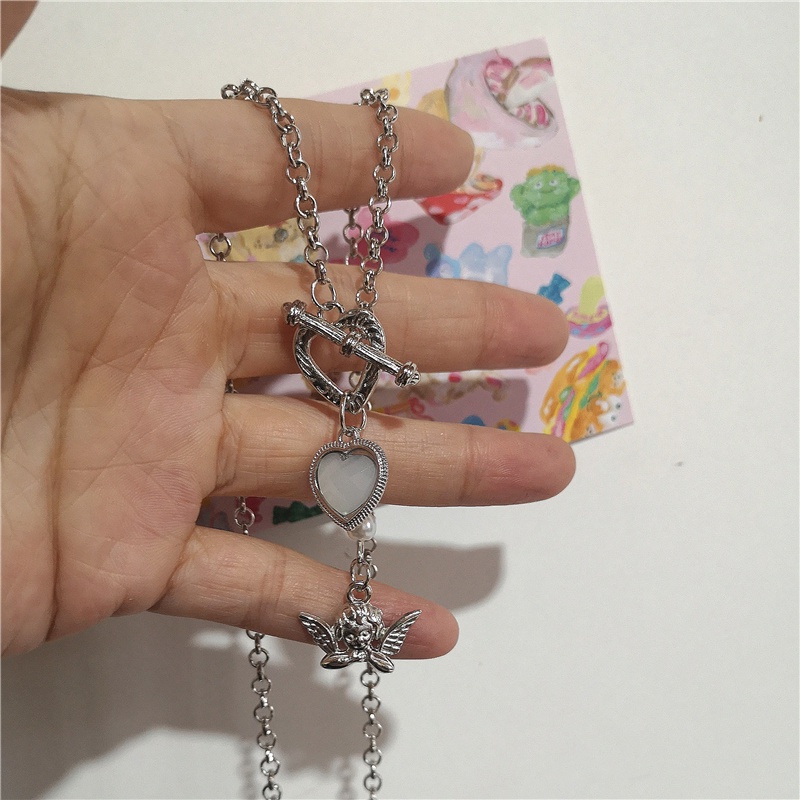 Kalung Rantai Klavikula Hias Liontin Hati Warna Silver Gaya Hip Hop Punk Korea Untuk Wanita