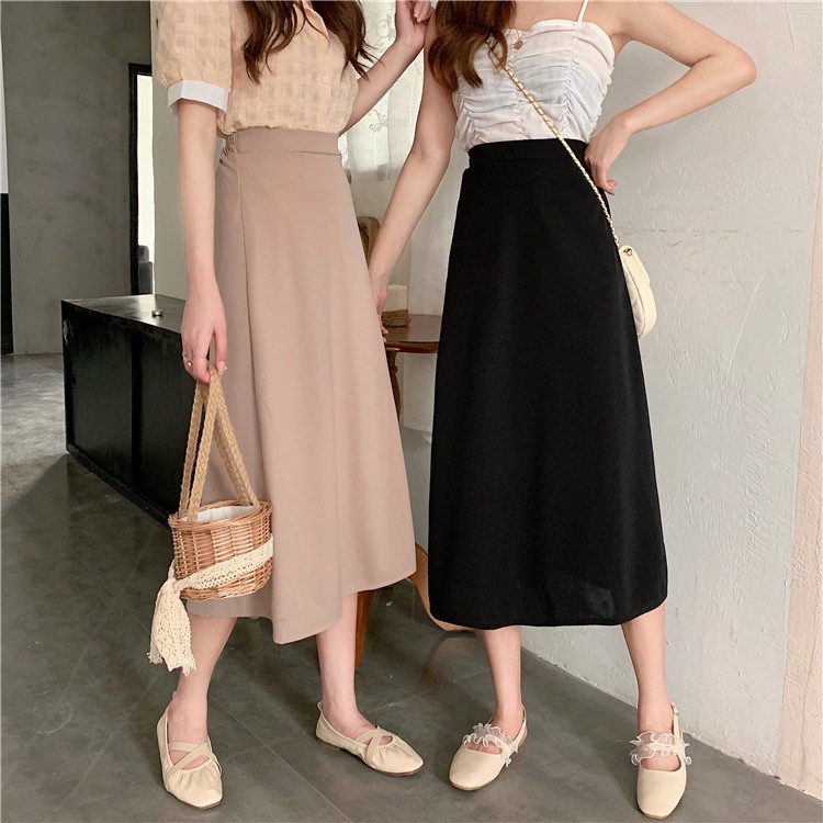 [chaoo.id ]Rok mid-length A-line versi Korea pinggang tinggi temperamen baru warna solid tipis mid-length