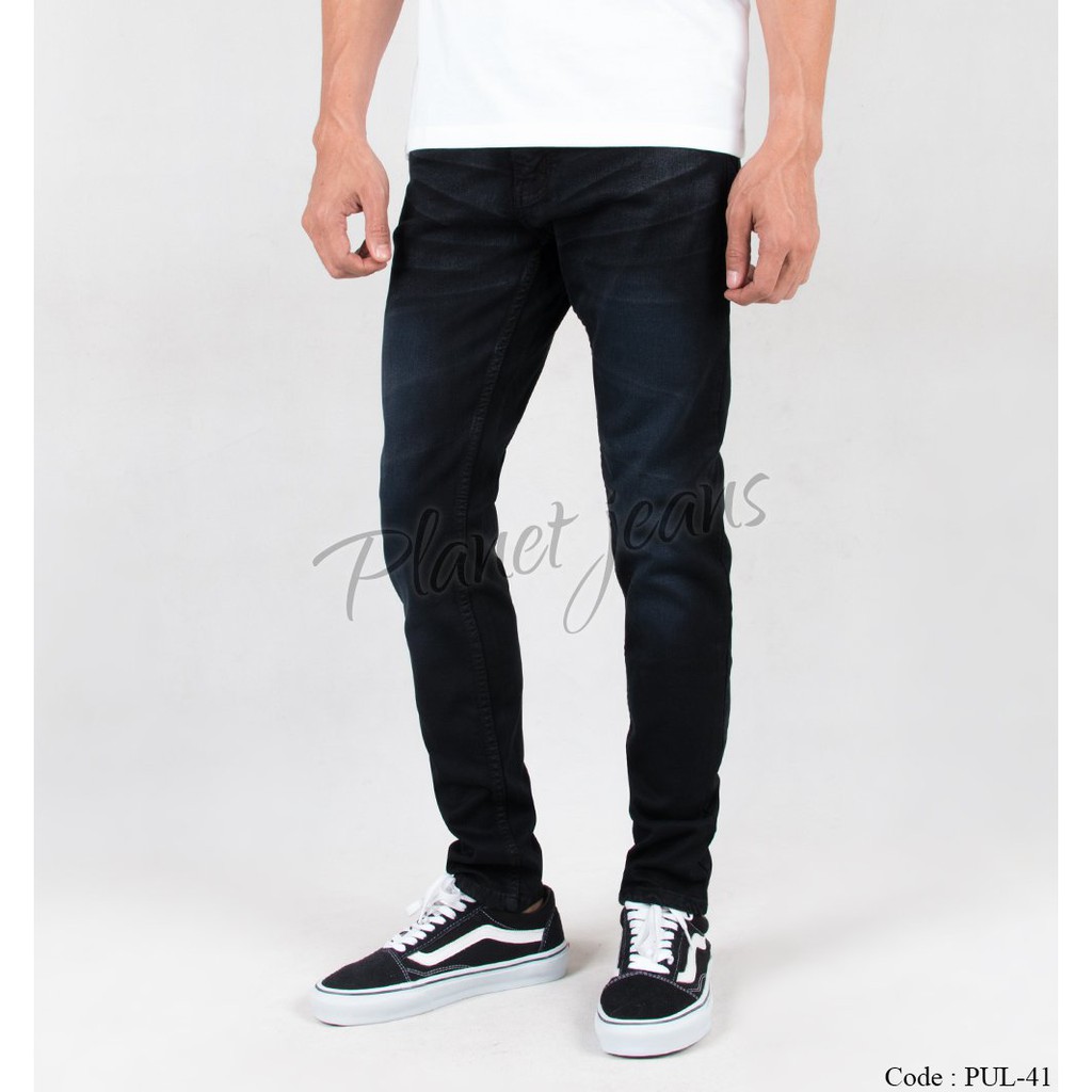 Celana jeans panjang skinny pria black washed Denim skiny warna Deep Navy Cowok PUL41
