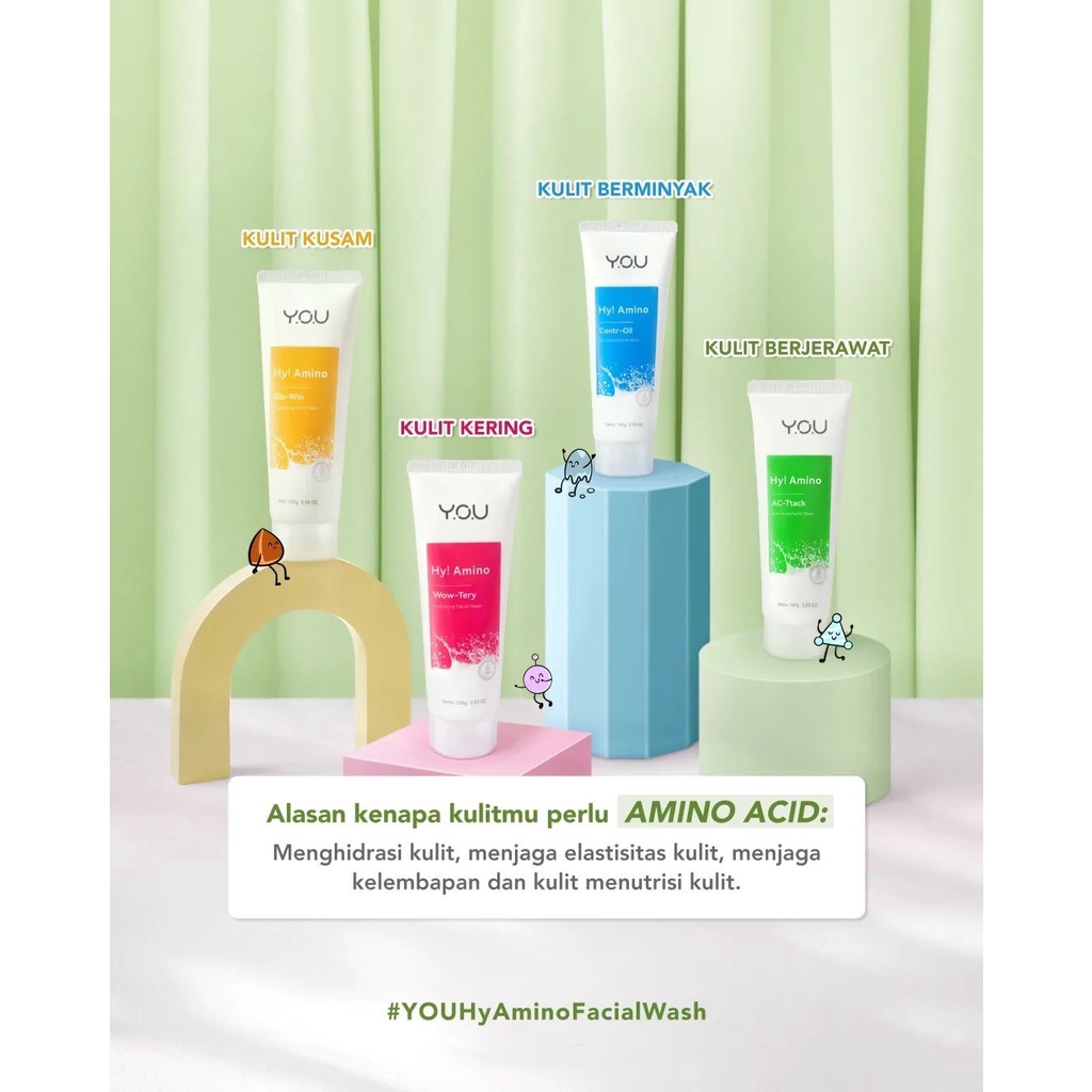 YOU Hy! Amino Wow-Tery Hydrating Facial Wash Indonesia / Pembersih Wajah Sabun Cuci Muka / Melembapkan Moisturize Deeply 100g / Skincare Face Cleanser Cleansing / Brightening Anti Acne Bacterial Oil Control / Toner Serum Cream Sunscreen Y.O.U Series Paket