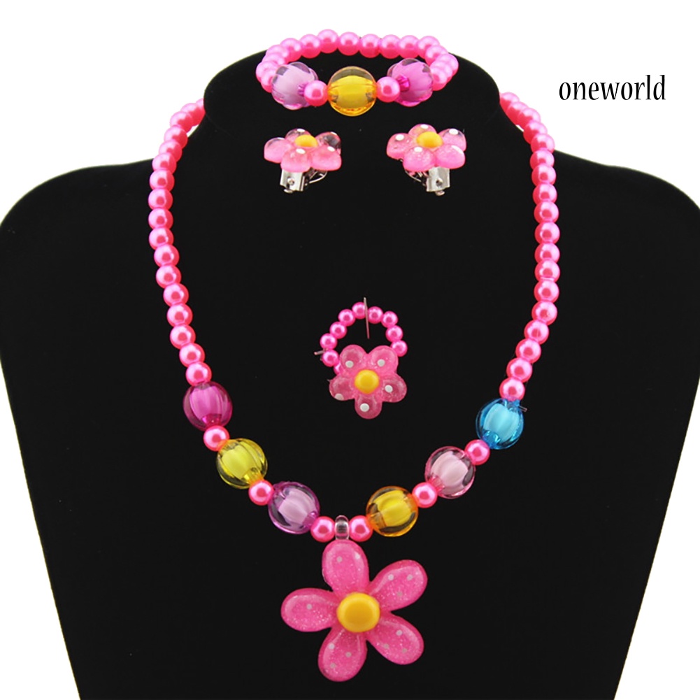 OW@ 5Pcs Handmade Flower Necklace Bracelet Ring Ear Studs Kids Girls Jewelry Set