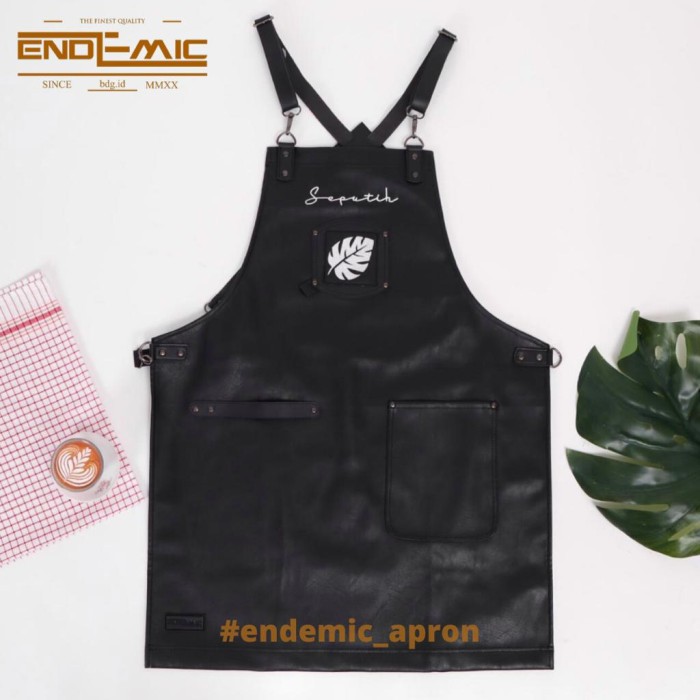 Full apron barista celemek cafe apron barbershop celemek cukur rambut Black/hitam pu leather quantum premium for barista