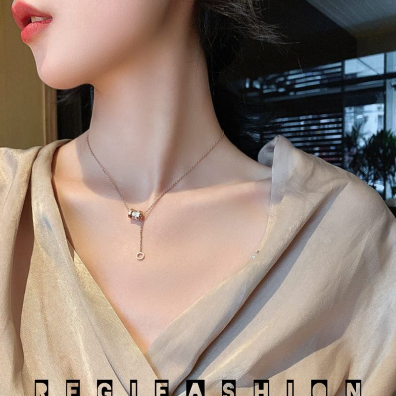 Kalung Titanium Wanita Korean Style Kalung Wanita Liontin Bulat Bolong Jurai Anti Karat Tidak Luntur