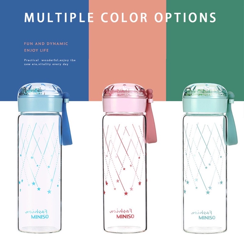 MINISO ORIGINAL - Shaker Flimty - Botol Air Minum Kaca Glass Water Bottle 350ml Air Ringan Panas Dan