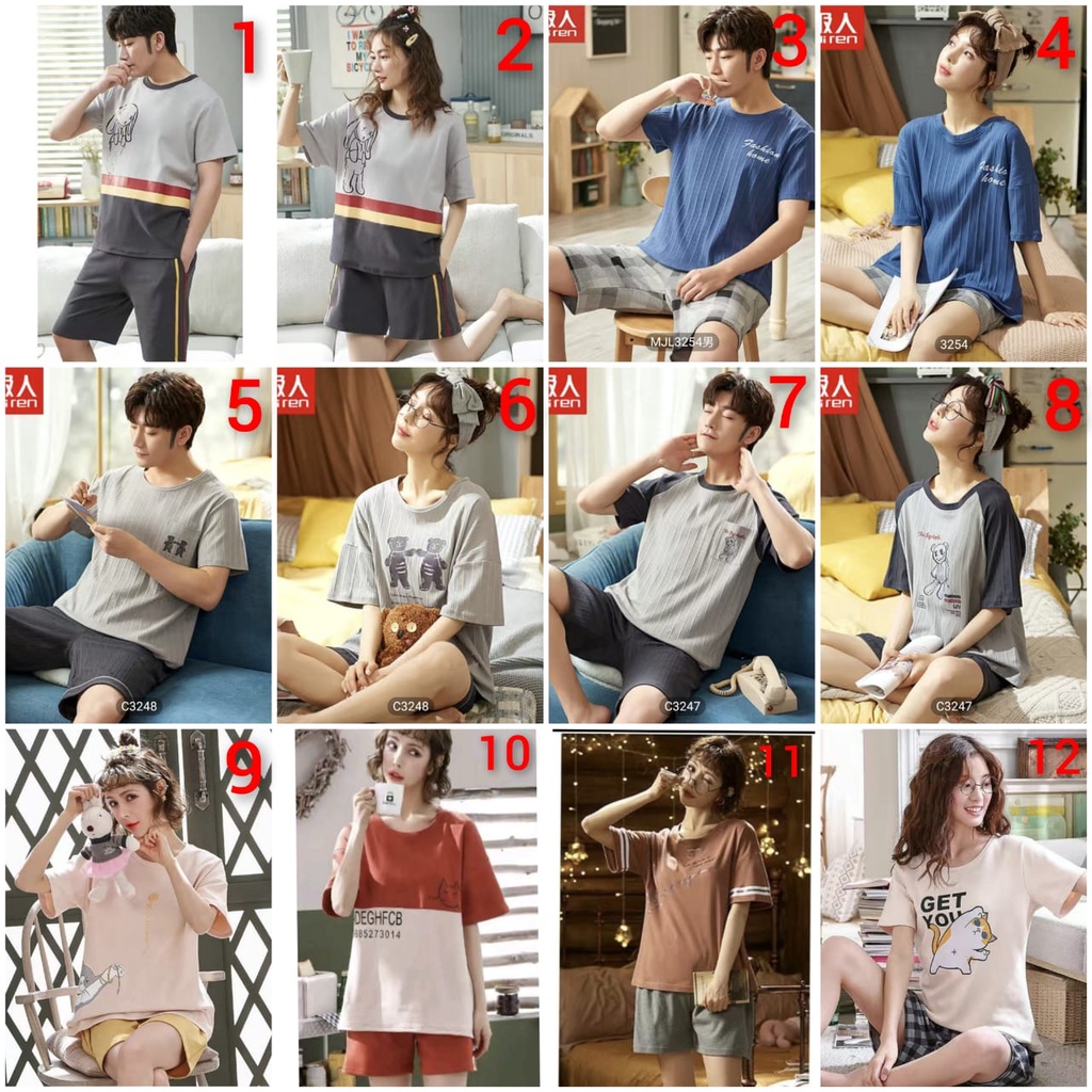 baju tidur piyama couple bahan kaos katun import lengan pendek celana pendek HPkaos25