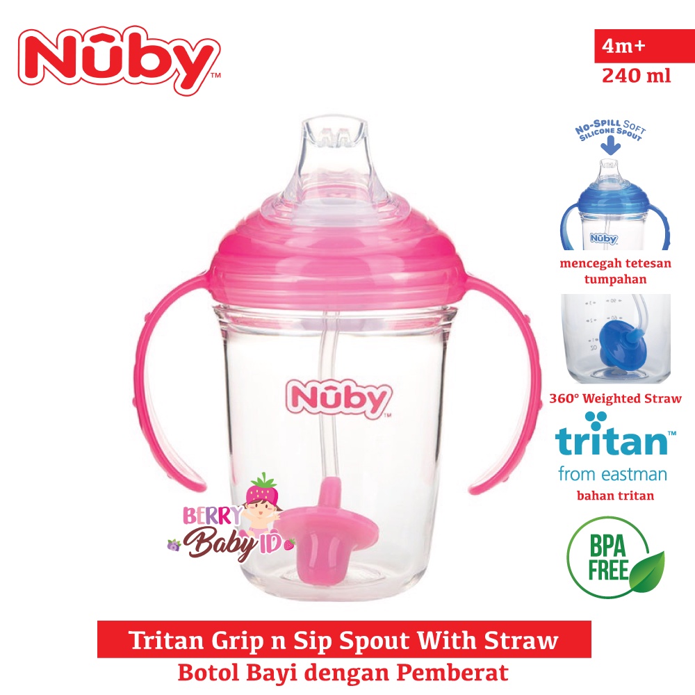 Nuby Tritan Grip n Sip Spout With Straw Botol Minum Training Cup Botol Sedotan Bayi Anak BPA Free Berry Mart