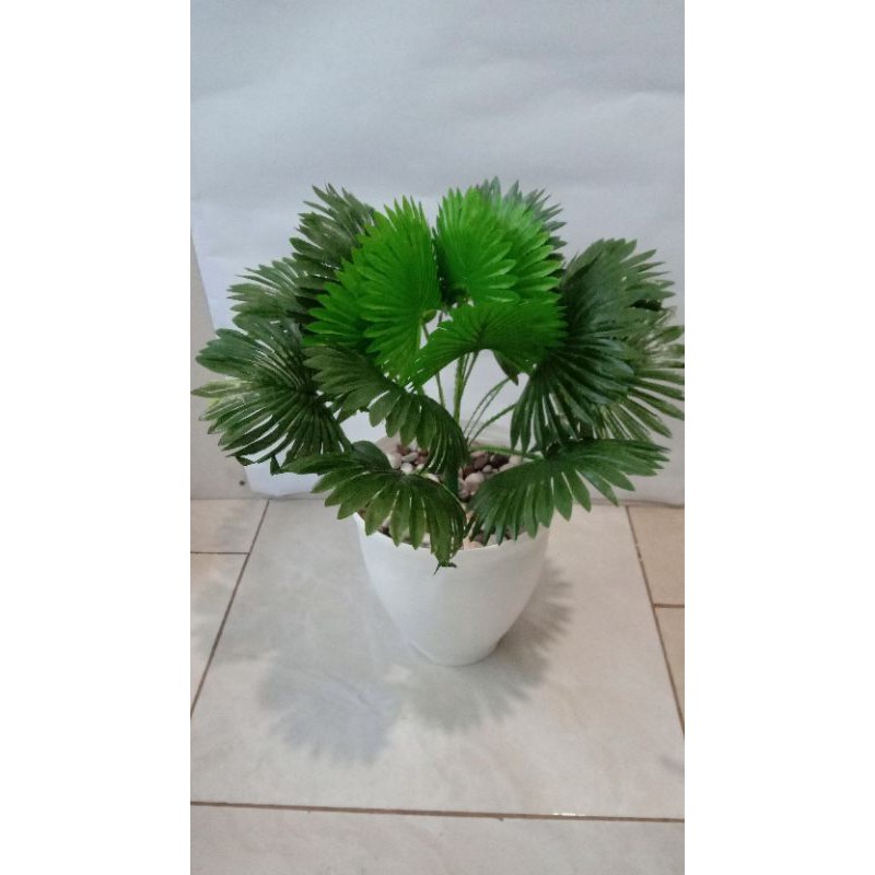 pohon palem kipas plastik, pohon palem plastik, pohon artificial sudah termasuk pot, tanaman plastik