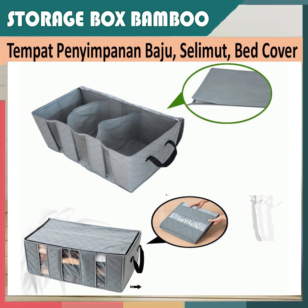 BAMBOO STORAGE BOX 65 liters Bamboo Box 1 &amp; 3 Sekat Organizer Pakaian Selimut Bed Cover Sprei Baju Tas Penyimpanan Keranjang Pakaian