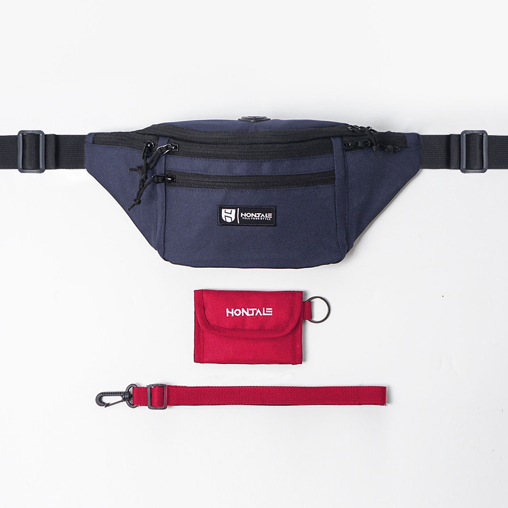 HONTALE | Bundling Tas Waistbag Muzzle Navy + Flast Hanging Wallet Red