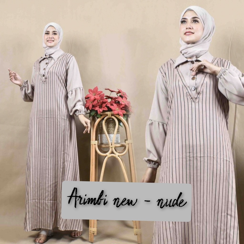 Gamis arimbi syakila motif tribal salur adem new model dress wanita terbaru