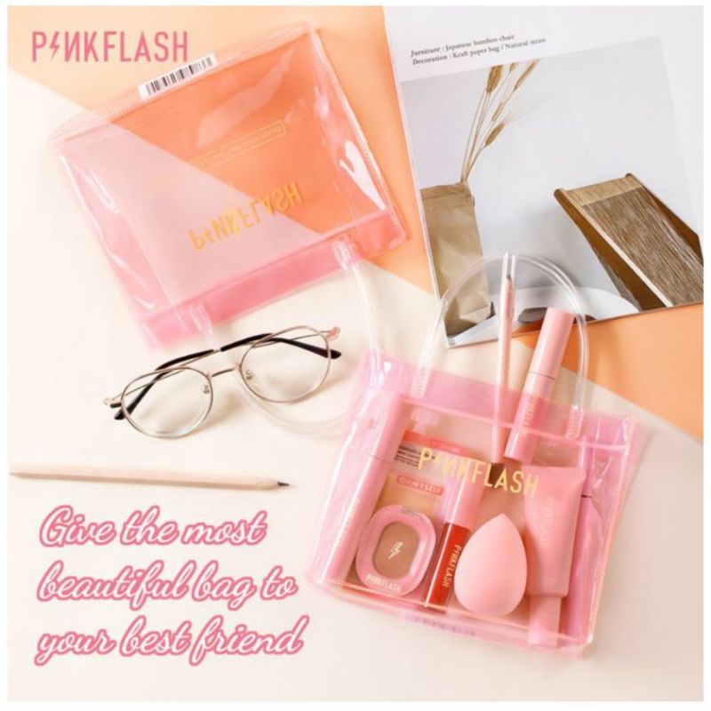 PINKFLASH HANDBAG / TAS KOSMETIK / PVC PINK TRANSPARENT