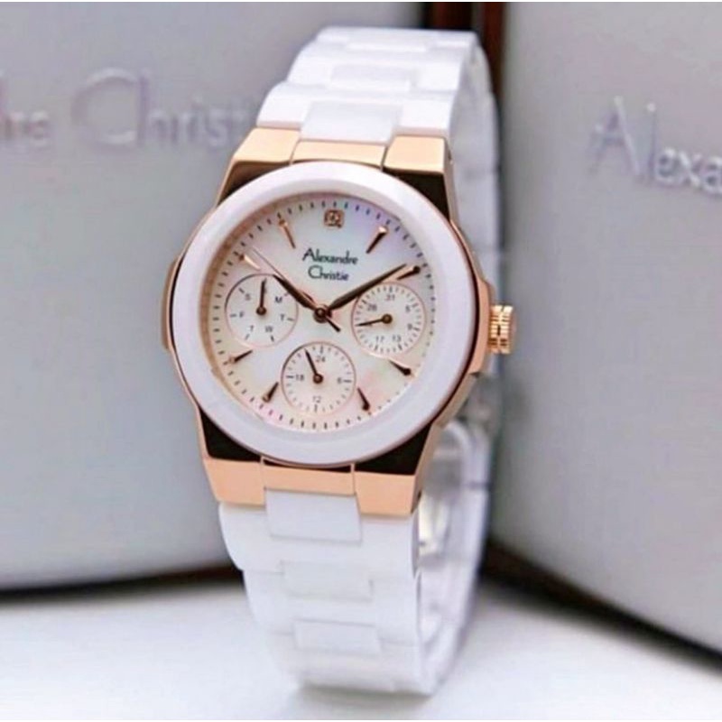 Jam Tangan Wanita Alexandre Christie Ac 2862 Bf Keramik Putih Original