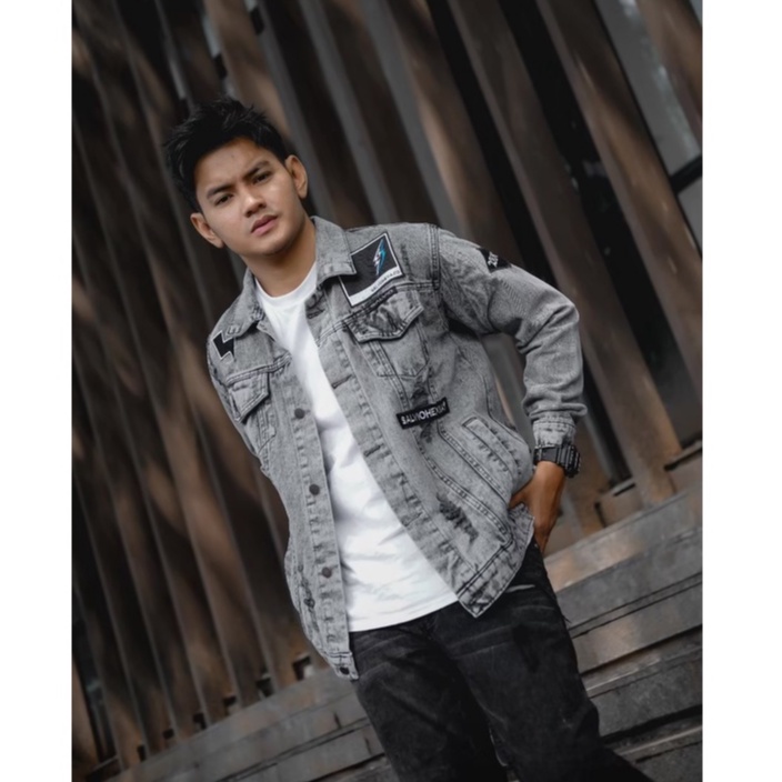 Jaket Denim Sanwash Jeans Snow Black Pria Original Bordir