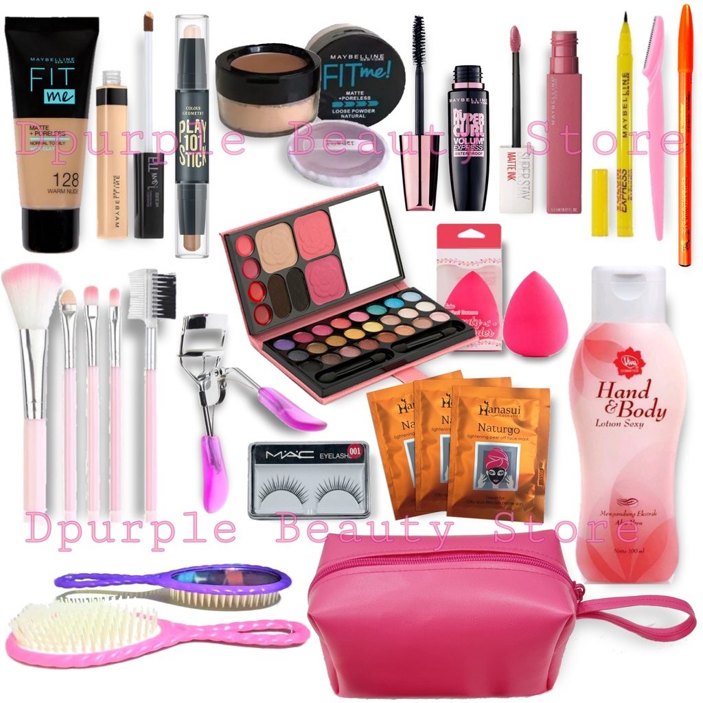 make up lengkap 1 set murah promo 18 in 1 - Bedak Tabur - Fondation - Concealer - Contour - Handbody - Eyeshadow - Maskara - Eyeliner - Lipcream - Pisau Cukur Alis - Pensil Alis - Kuas Make Up Set 5 in 1 - Sisir - Bulu Mata - Hanasui Naturgo - Tas - etc