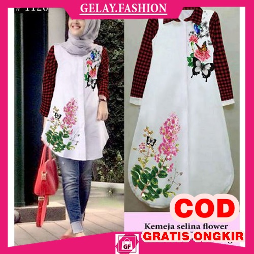 TERMURAH Tunik Long Remaja Terlaris / Tunik selina kotak RO Atasan Wanita / Tunik Motif Bunga Putih